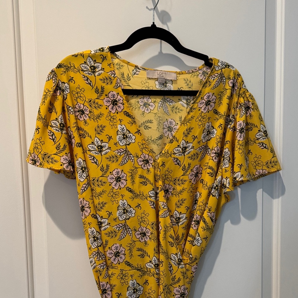 LOFT Yellow Floral V-Neck Short Sleeve Wrap Dress with Pink & White Flowers